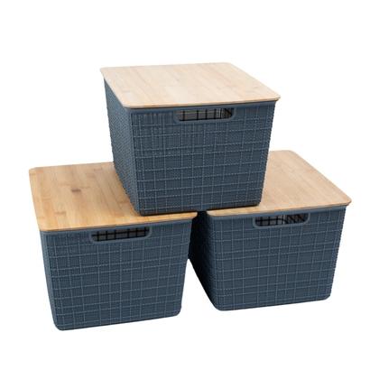 Imagem de Kit 3 Caixas Organizadoras Tampa de Bambu 18l Cinza - Oikos