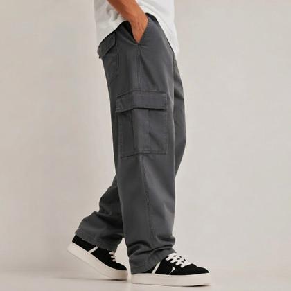 Imagem de Kit 3 Calça Cargo Larga Skate Unissex Bolso Lateral Fechamento Cordão Jeans Sarja Diversas Cores - e