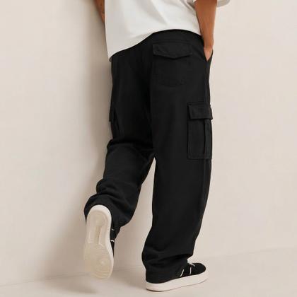 Imagem de Kit 3 Calça Cargo Larga Skate Unissex Bolso Lateral Fechamento Cordão Jeans Sarja Diversas Cores - e