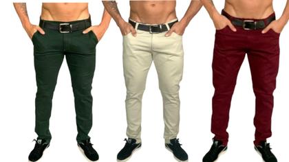 Imagem de Kit 3 calça masculina slim com lycra caqui bordo marrom skinny