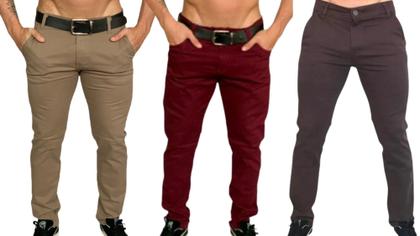 Imagem de Kit 3 calça masculina slim com lycra caqui bordo marrom skinny