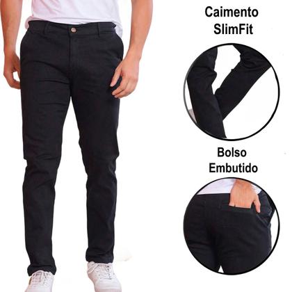 Imagem de Kit 3 Calças de Sarja Preto / Chumbo e Azul-Marinho  Corte Alfaiataria Masculina Slim Fit com Lycra Bolso Embutido Social Casual