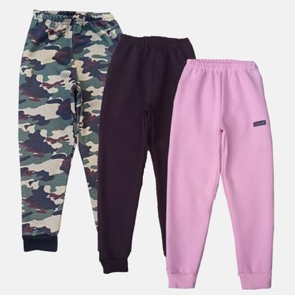 Imagem de Kit 3 Calças jogger  Moletom Flanelado  Infantil unisex Camuflada e Rosa Bebê