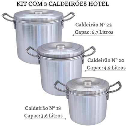 Imagem de KIT 3 CALDEIRÃO Nº 18 20 22 HOTEL PANELA ALUMÍNIO POLIDO PROFISSIONAL INDUSTRIAL RESTAURANTE