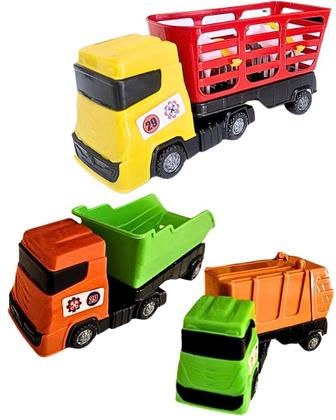 Imagem de Kit 3 Caminhão Brinquedo Coletor De Lixo Caçamba E Boiadeiro Com Animais Articulado Infantil Super Frotinha Divplast