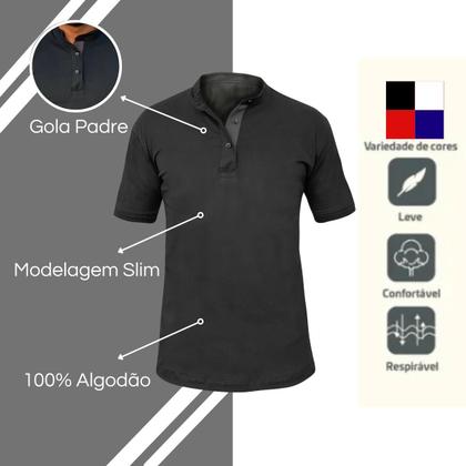 Imagem de Kit 3 Camisas Masculina Gola Padre Slim Algodão Básica Com Elastano