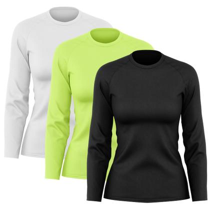 Imagem de Kit 3 Camisetas Feminina Manga Longa Dry Básica Lisa Proteção Solar UV Térmica Blusa Academia Esporte Praia