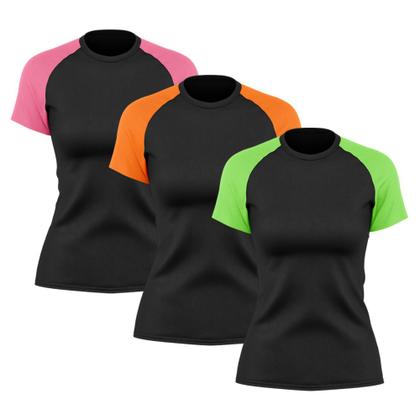 Imagem de Kit 3 Camisetas Feminina Raglan Dry Fit Proteção Solar UV Básica Lisa Treino Academia Ciclismo