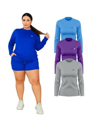 Imagem de Kit 3 Camisetas Manga Longa Proteção UV FPS50 Feminina Plus Size
