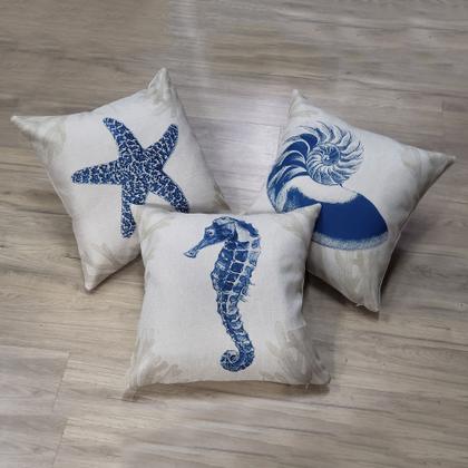 Imagem de Kit 3 Capas Almofada Em Linho Alga Estrela Concha Azul 43x43