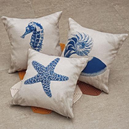 Imagem de Kit 3 Capas Almofada Em Linho Alga Estrela Concha Azul 43x43