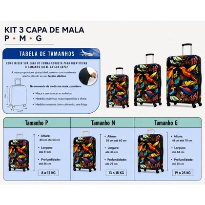 Imagem de Kit 3 Capas De Mala Bagagem Viagem Travel Passaros Tropical Estampa Premium Luxo P M G Protetora Top
