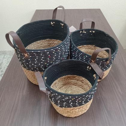 Imagem de Kit 3 cesta decorativa organizadora multiuso kigali fibra preto