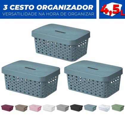 Imagem de Kit 3 Cesto Organizador Rattan c/Tampa 4,5 Litros Multiuso Plástico