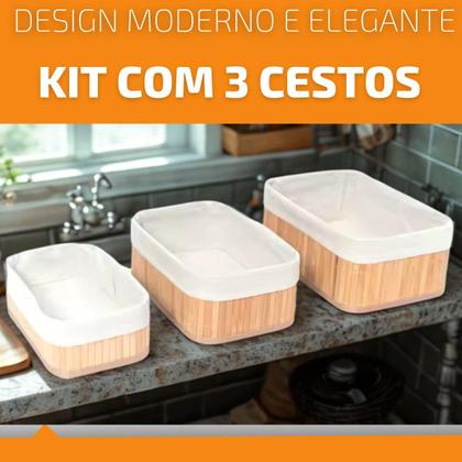 Imagem de Kit 3 Cestos Caixa Organizador Bambu Tecido Multiuso Forro