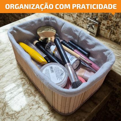 Imagem de Kit 3 Cestos Caixa Organizador Bambu Tecido Multiuso Forro