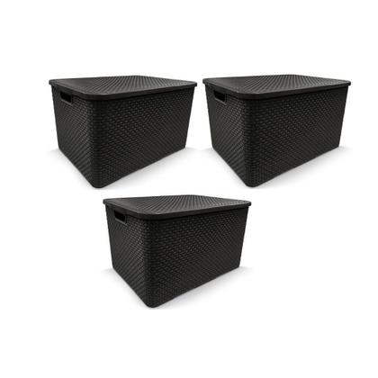 Imagem de Kit 3 Cestos Caixas Organizadora Rattan Com Tampa 07 Litros Preto
