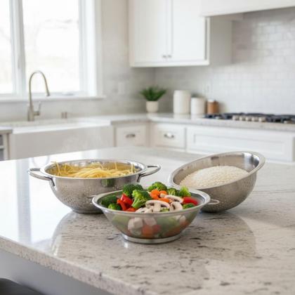 Imagem de Kit 3 Cestos Escorredor Inox Completo Macarrão Salada Arroz Legumes no Vapor