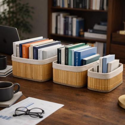 Imagem de Kit 3 Cestos Multiuso de Bambu com Forro Organizadores e Decoração Resistente