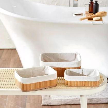 Imagem de Kit 3 Cestos Organizadores de Bambu com Forro em Tecido para Banheiro Cozinha Closet Sustent