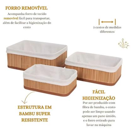 Imagem de Kit 3 Cestos Organizadores de Bambu com Forro em Tecido para Banheiro Cozinha Closet Sustent
