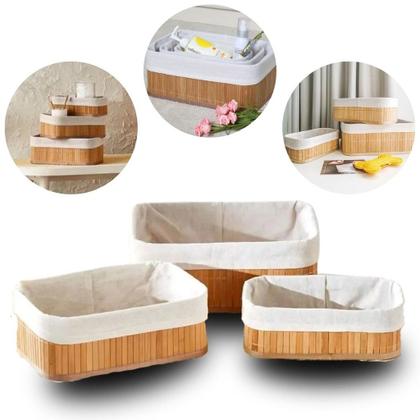 Imagem de Kit 3 Cestos Organizadores de Bambu com Forro em Tecido para Banheiro Cozinha Closet Sustent