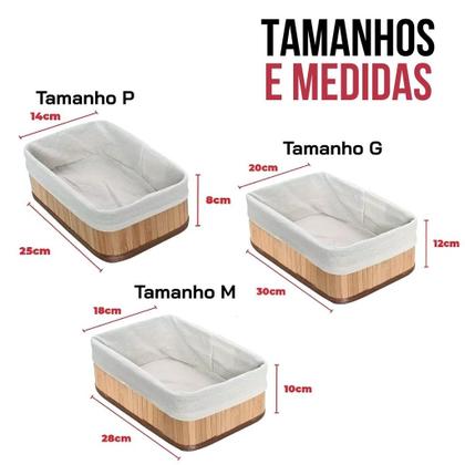 Imagem de Kit 3 Cestos Organizadores de Bambu com Forro em Tecido para Banheiro Cozinha Closet Sustent