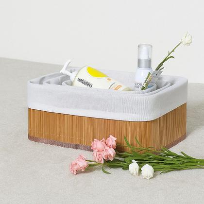 Imagem de Kit 3 Cestos Organizadores de Bambu com Forro em Tecido para Banheiro Cozinha Closet Sustent