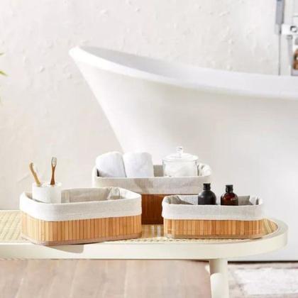 Imagem de Kit 3 Cestos Organizadores de Bambu com Forro em Tecido para Banheiro Cozinha Closet Sustent