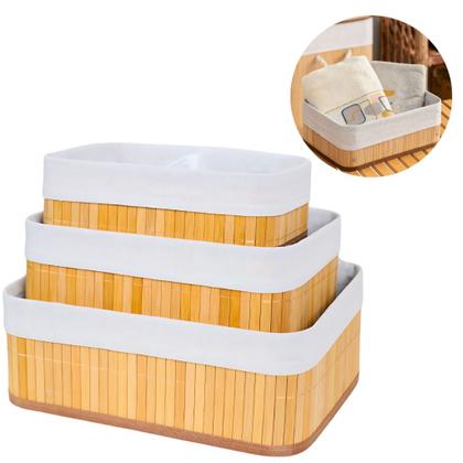 Imagem de Kit 3 Cestos Organizadores de Bambu com Forro em Tecido para Banheiro Cozinha Closet Sustent