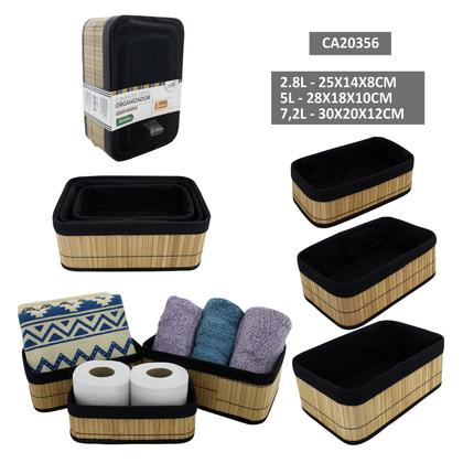 Imagem de Kit 3 Cestos Organizadores de Bambu com Forro Preto Removível Casita