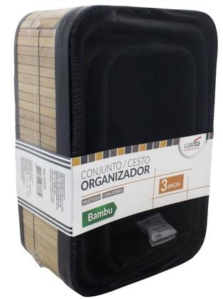 Imagem de Kit 3 Cestos Organizadores de Bambu com Forro Preto Removível Casita