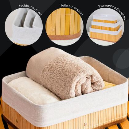Imagem de Kit 3 Cestos Organizadores de Bambu Multiuso com Forro