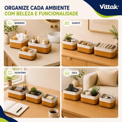 Imagem de Kit 3 Cestos Organizadores de Bambu Multiuso com Forro para Casa Banheiro e Decoração Vittak
