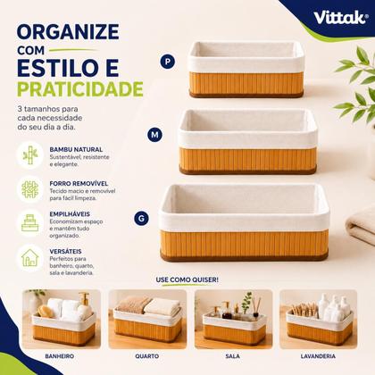 Imagem de Kit 3 Cestos Organizadores de Bambu Multiuso com Forro para Casa Banheiro e Decoração Vittak