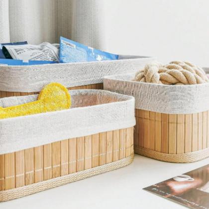 Imagem de Kit 3 Cestos Organizadores em Bambu com Forro Multiuso Easy Decor