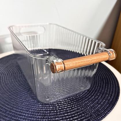 Imagem de Kit 3 Cestos Organizadores Transparentes Multiuso de Plástico com Alça de Madeira 2L