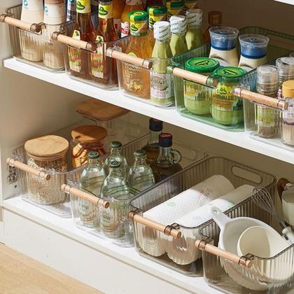 Imagem de Kit 3 Cestos Organizadores Transparentes Multiuso de Plástico com Alça de Madeira 2L