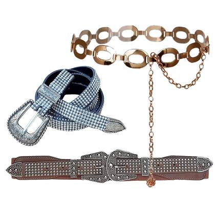 Imagem de Kit 3 Cintos: Country Fivela Dupla Cor Sortida + Strass + Correntinha