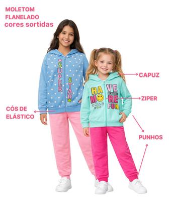 Imagem de Kit 3 Conjunto Infantil Menina Moletom Flanelado Capuz Zíper Punho Roupa Inverno Feminino 4-8