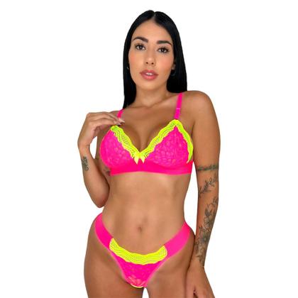 Imagem de Kit 3 Conjunto Lingerie Renda Sem Bojo Luxo Neon Sutiã E Calcinha Feminino Adulto