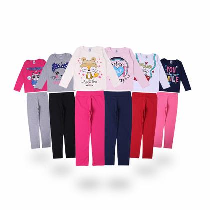 Imagem de Kit 3 Conjuntos Femininos Roupas Infantil Blusas e Calças Legging Meia Estação