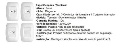 Imagem de Kit 3 Conjuntos Tomada 10A e 1 Interruptor Simples Elegance