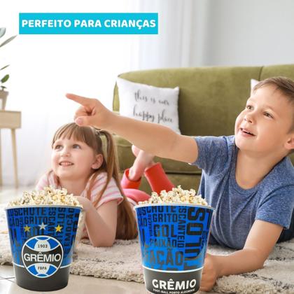 Imagem de Kit 3 Copo Plástico Tampa Canudo 500ml + 3 Balde Pipoca Infantil Bebidas Grêmio Oficial