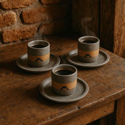 Imagem de Kit 3 Copos Pedra Sabão C/ Pires Artesanato P/ Café da Manhã