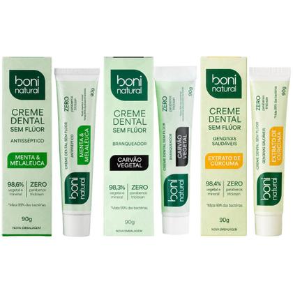 Imagem de Kit 3 Creme Dental Boni Natural Sem Fluor Menta Carvao Vegetal Melaleuca Vegano Sem Parabenos 90g