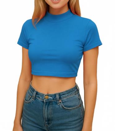 Imagem de Kit 3 Cropped Feminino Manga Curta Viscolycra Gola Alta Confortável