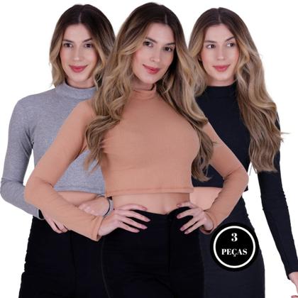 Imagem de Kit 3 Cropped Manga Longa Blusa de Inverno Gola Alta - KIT 3 IVIE PRETO BEGE E CINZA