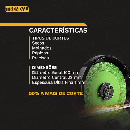 Imagem de Kit 3 Discos De Corte De Vidro Espelho E Porcelanato Lâmina Ultra Fina 100mmX22mm Serra Mármore Esmerilhadeira Cor Verde
