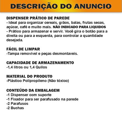 Imagem de Kit 3 Dispenser de Parede Porta Alimentos Mantimentos Cereais Grãos Balas Açucar 1,4 Litros